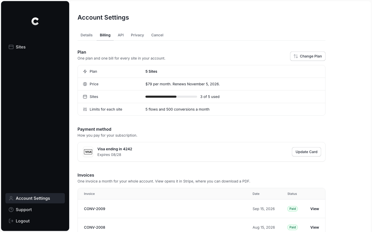 Account Settings open on the Billing tab, with Sites and Account Settings in the left sidebar