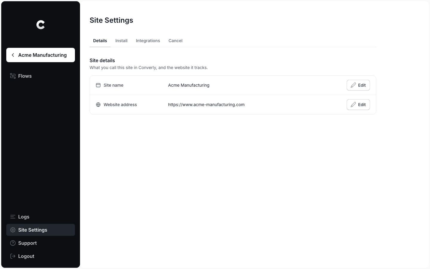 Site Settings for one site, open on the Details tab, with the site's name at the top of the left sidebar