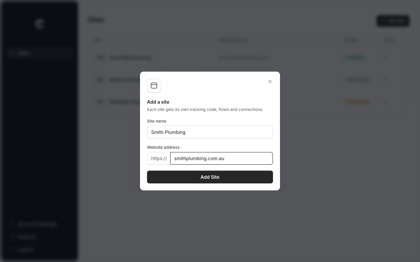 The Add a site window with the Site name and Website address fields and an Add Site button