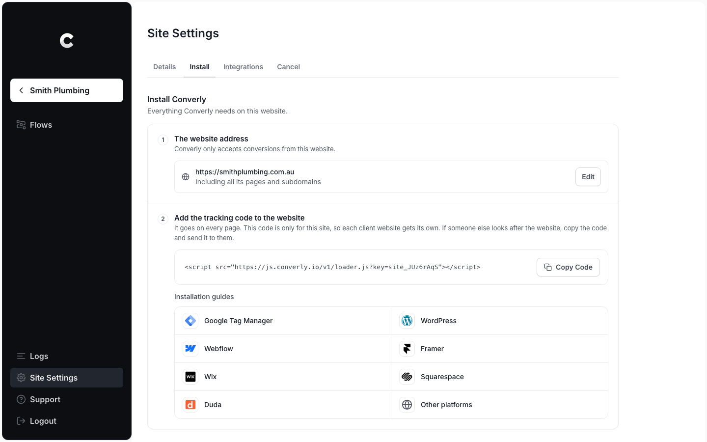 The Install tab in a site's Site Settings, showing its tracking code and a Copy Code button