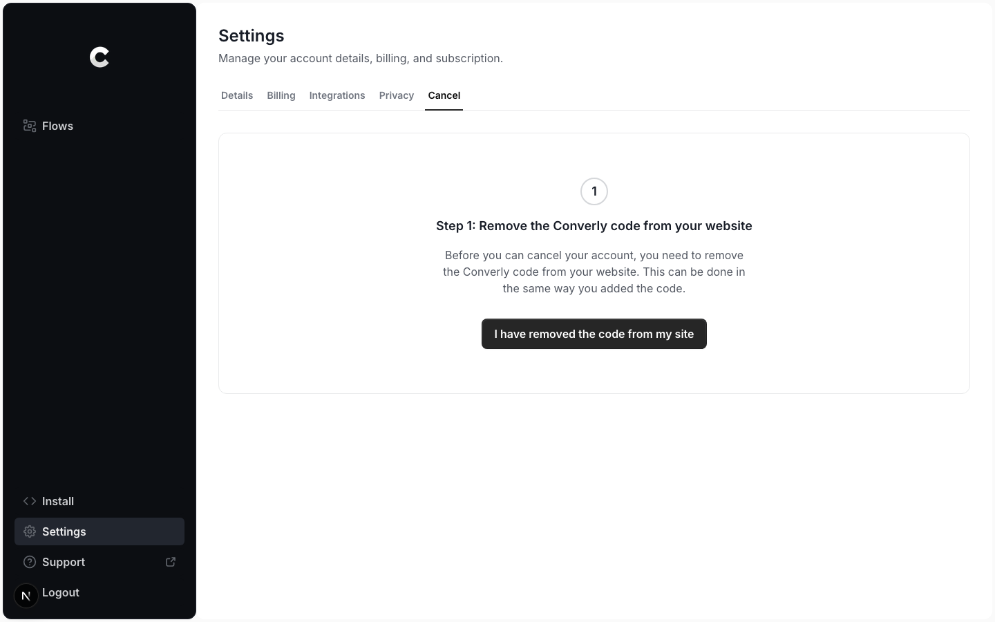 Step 1 of cancellation asking you to remove the Converly code