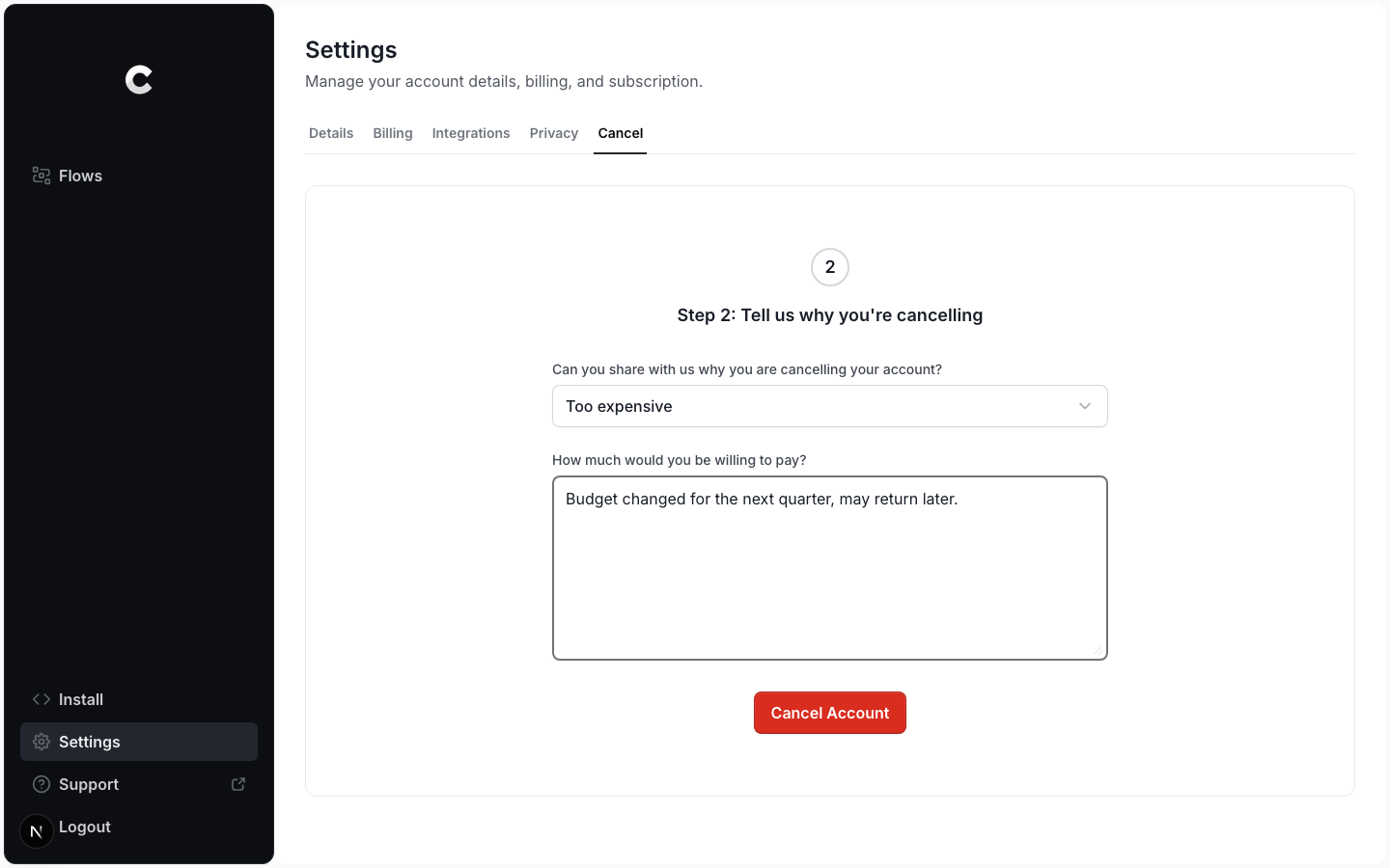 Step 2 with a reason dropdown and a feedback box