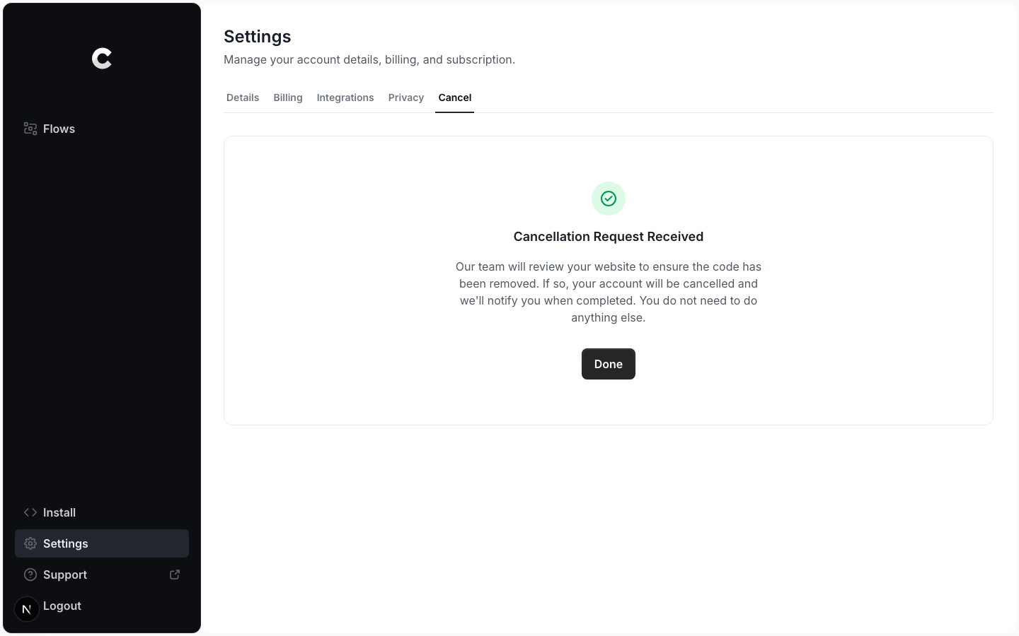 The cancellation request received confirmation screen