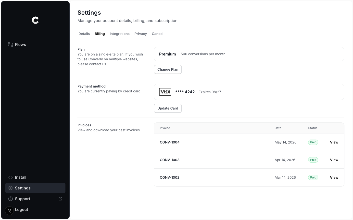 The Billing tab showing the current plan and a Change Plan button