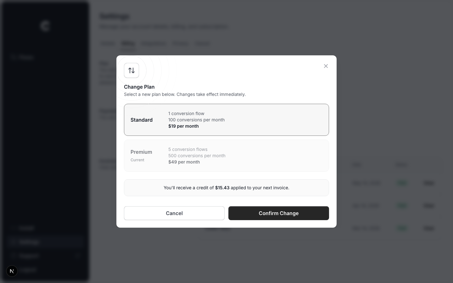The plan change window showing the prorated credit before confirming