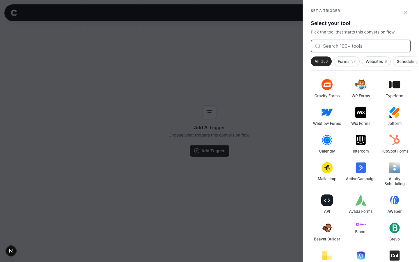 The Select your tool panel with ActiveCampaign visible in the list of trigger sources