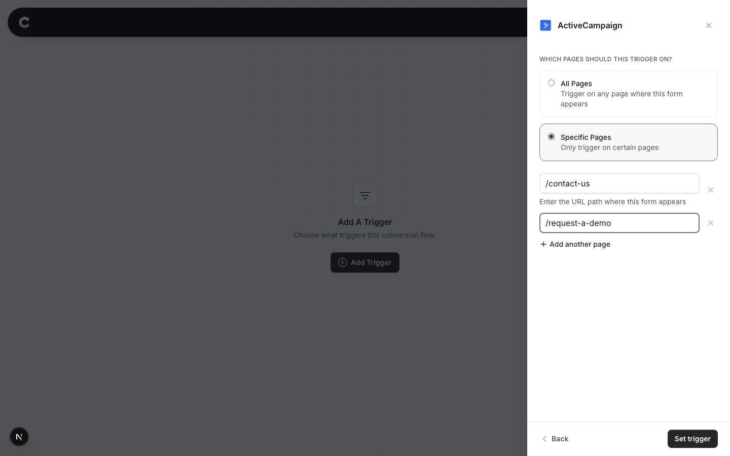 The Specific Pages option selected with two example page paths entered