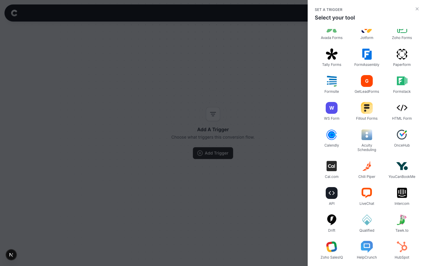 The trigger panel listing supported tools, with Acuity Scheduling visible