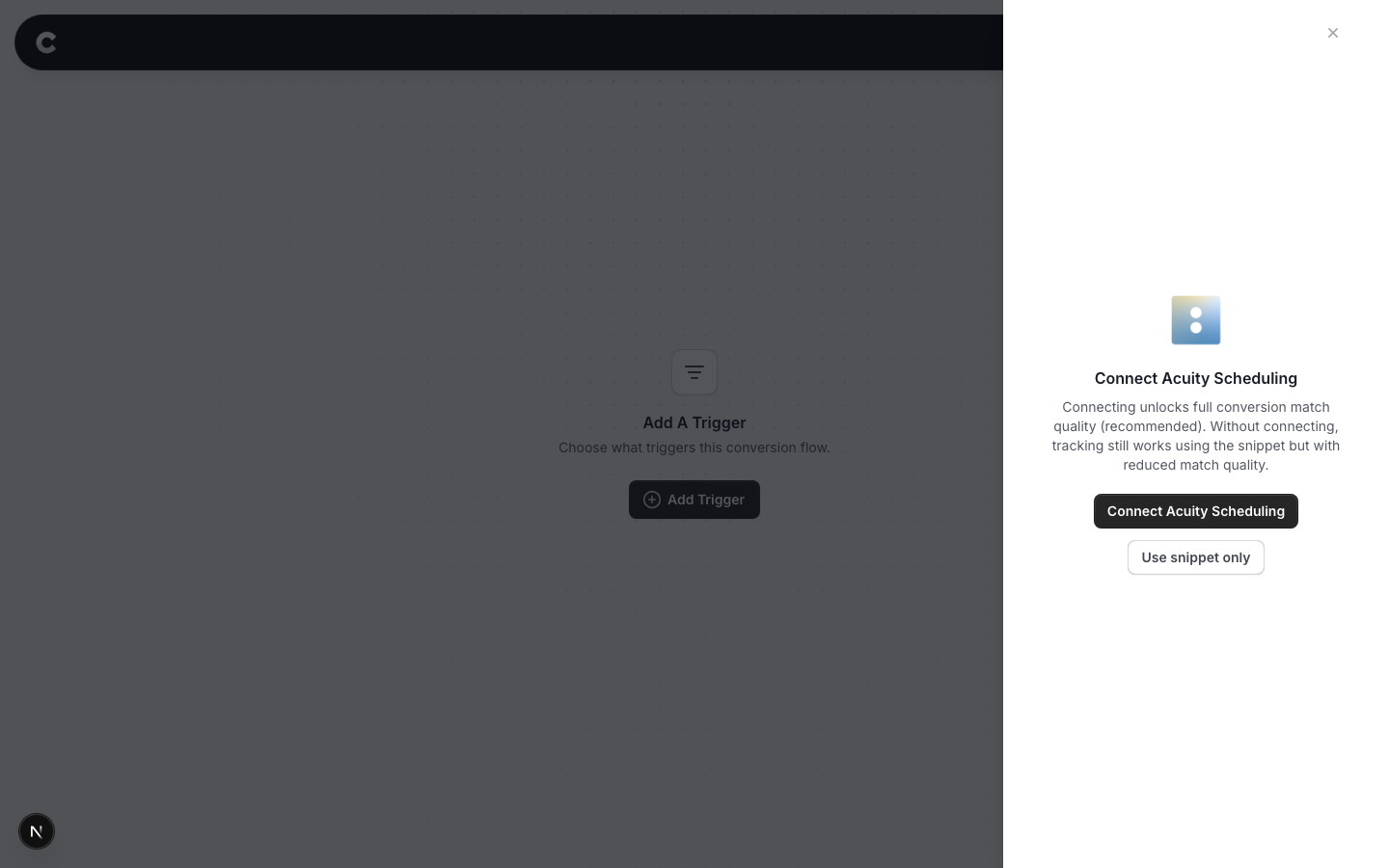The Connect Acuity Scheduling screen with a Connect button and a Use snippet only option