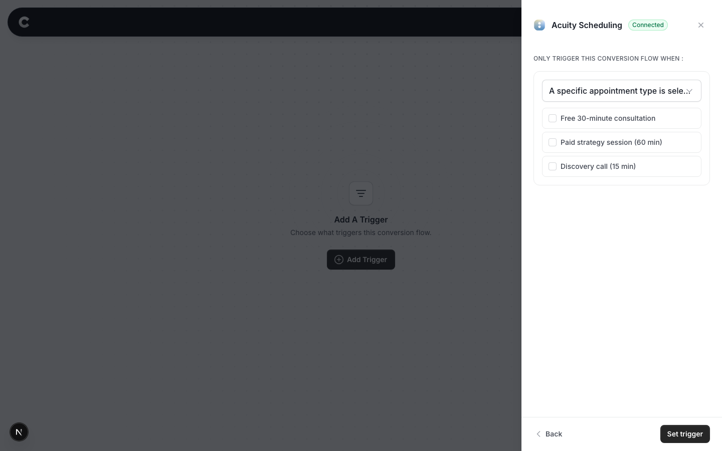 The conditions view with Acuity appointment types listed as checkboxes
