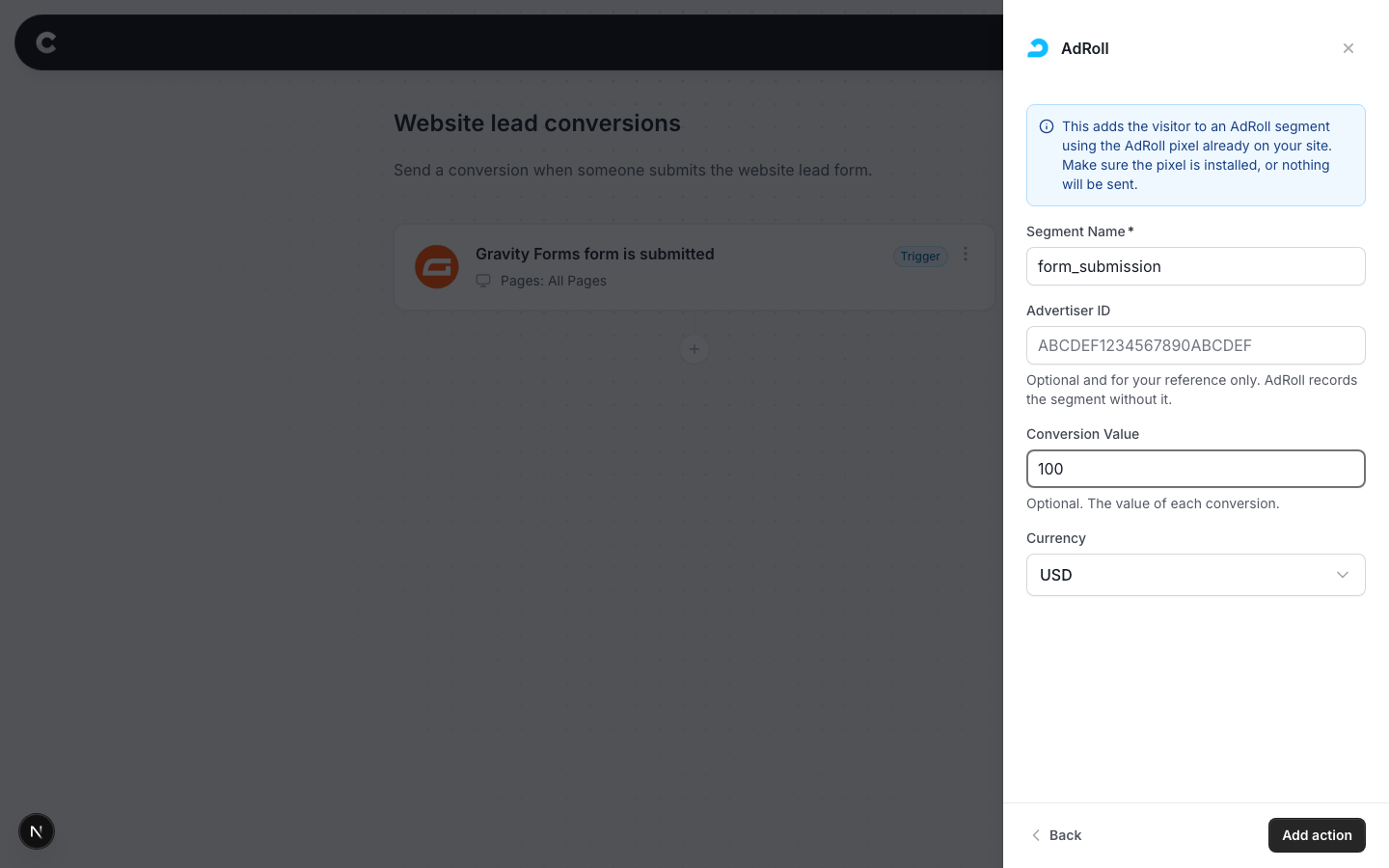 The AdRoll configuration screen with Segment Name, Advertiser ID and Conversion Value fields