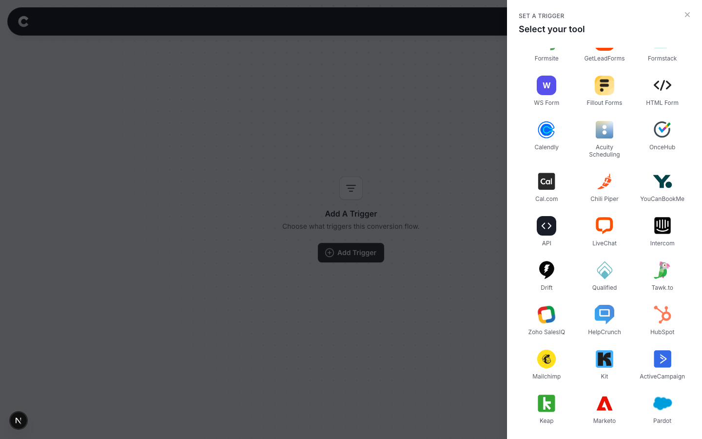 The Converly trigger picker with the API tile