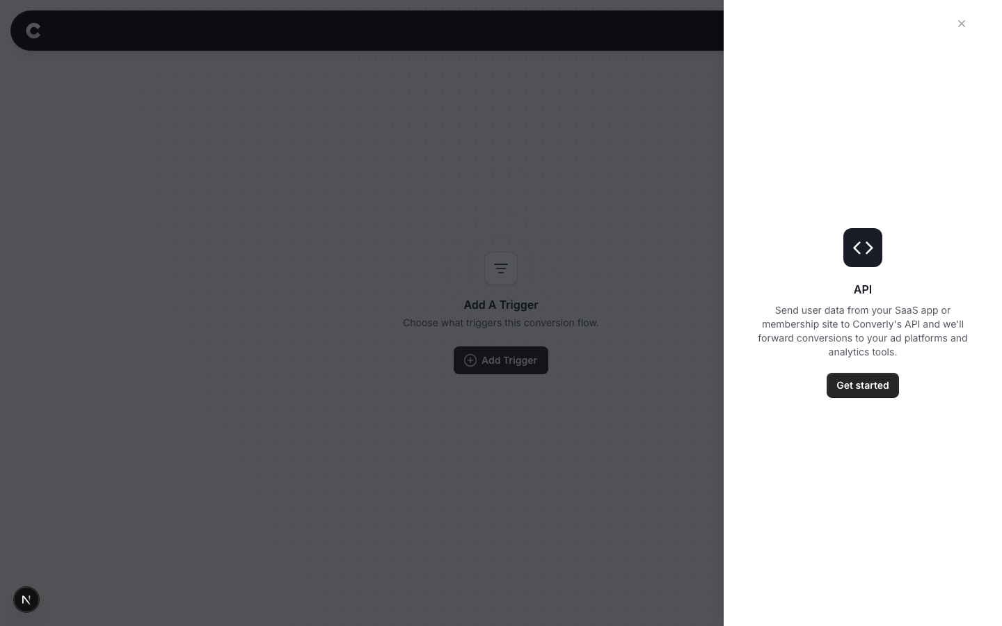 The API trigger intro screen with a Get started button