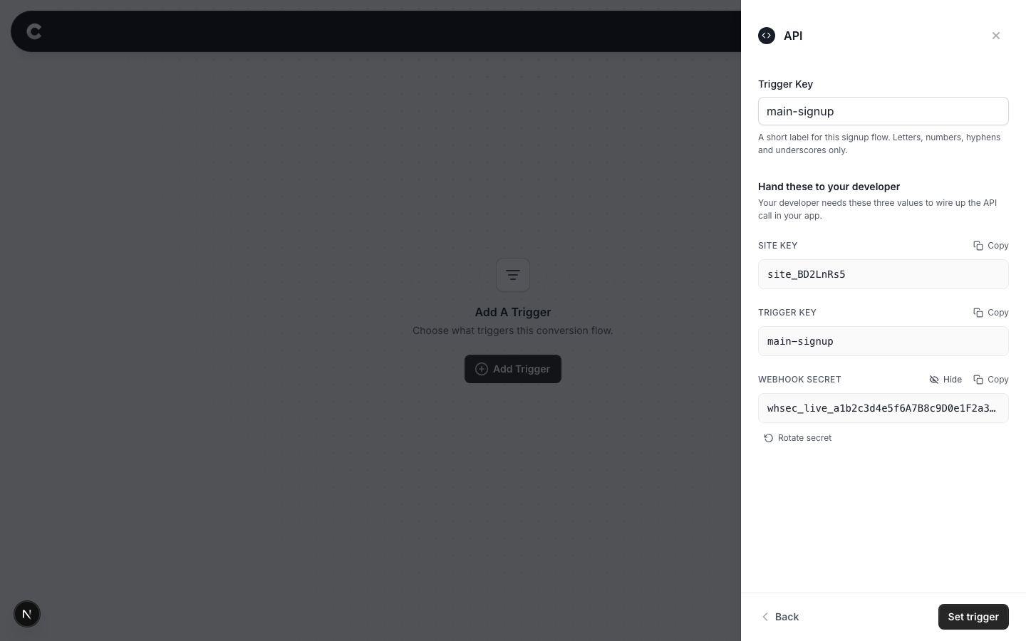 The API trigger configure screen showing Site Key, Trigger Key and Webhook Secret
