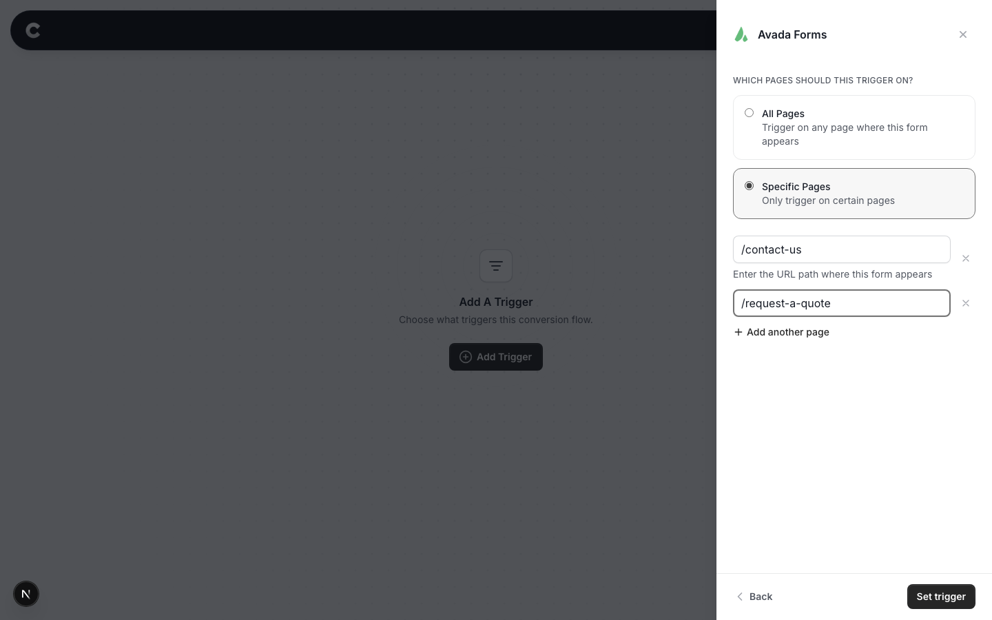 The Specific Pages option selected with two example page paths entered