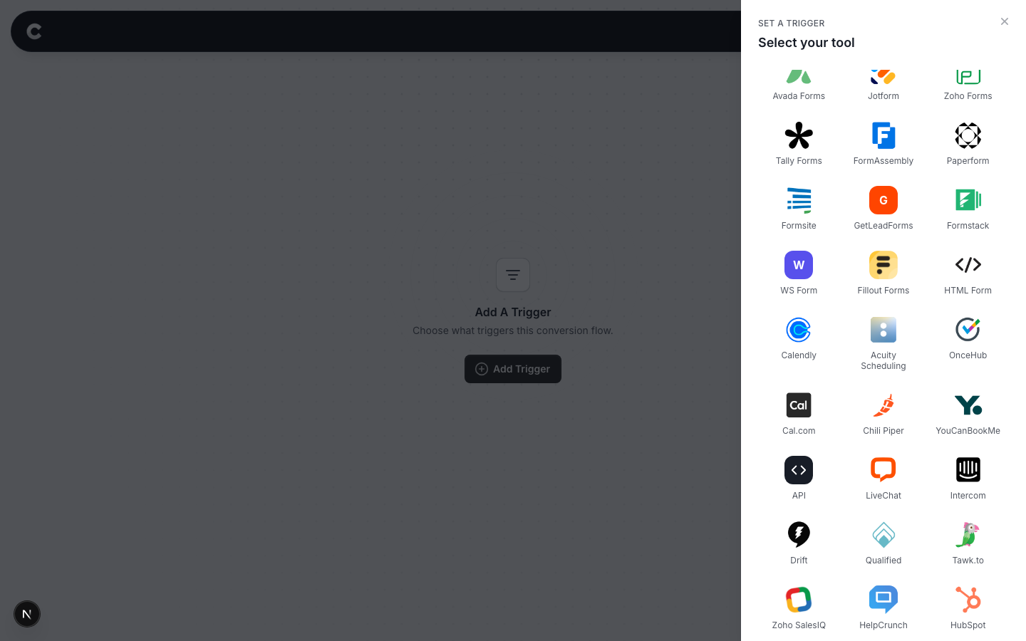 The trigger panel listing supported tools, with Calendly visible