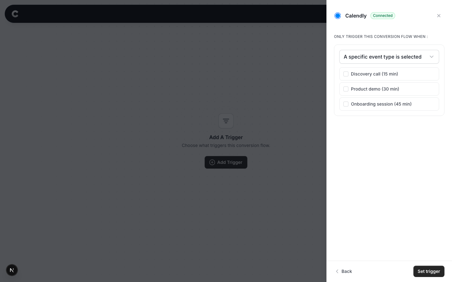 The conditions view with event types listed as checkboxes