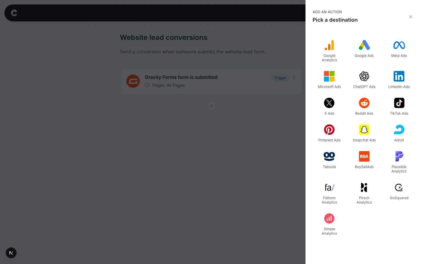 The destination panel with ChatGPT Ads visible