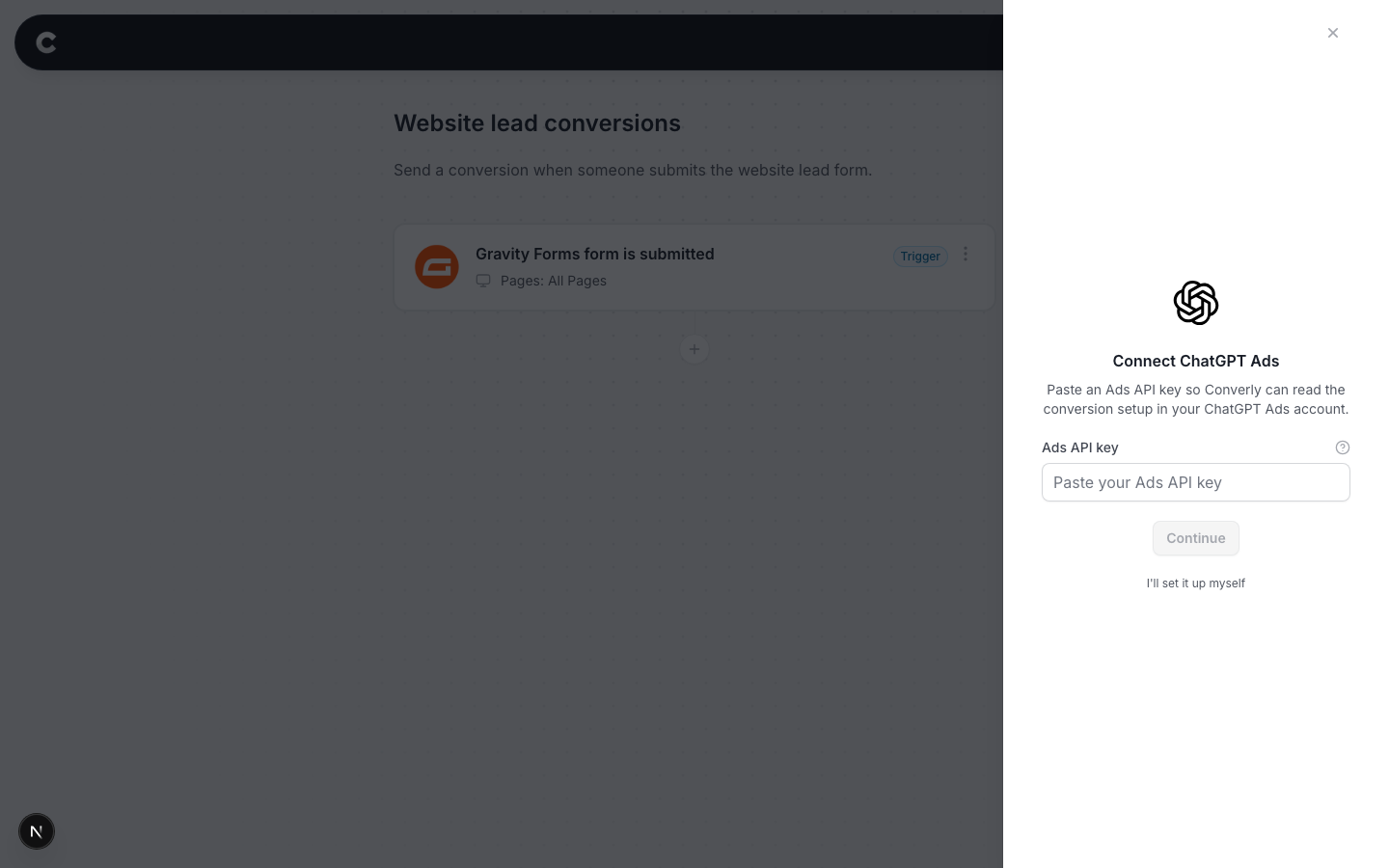 The Connect ChatGPT Ads screen in Converly with the Ads API key field