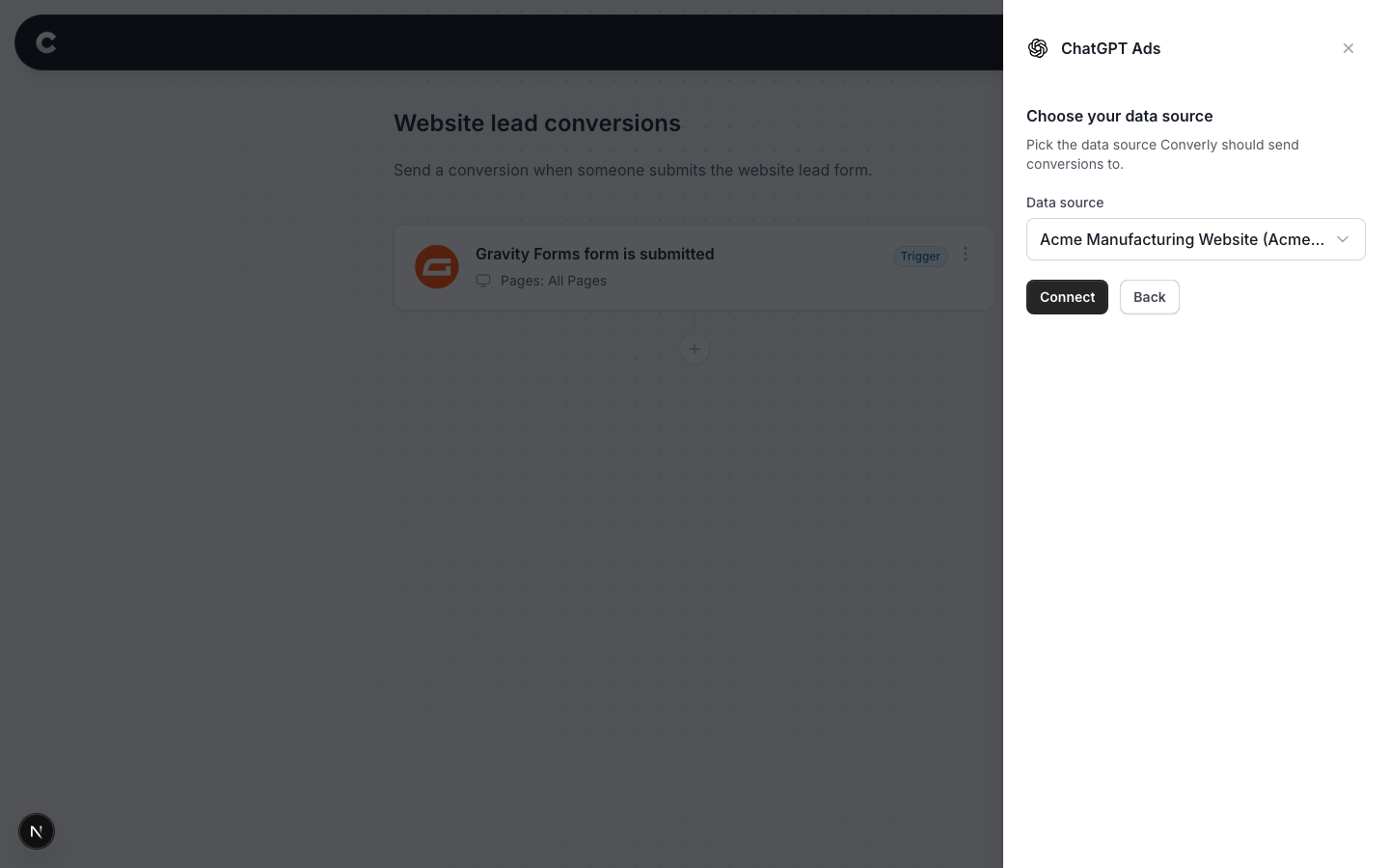 The Choose your data source screen with a dropdown listing the account's data sources