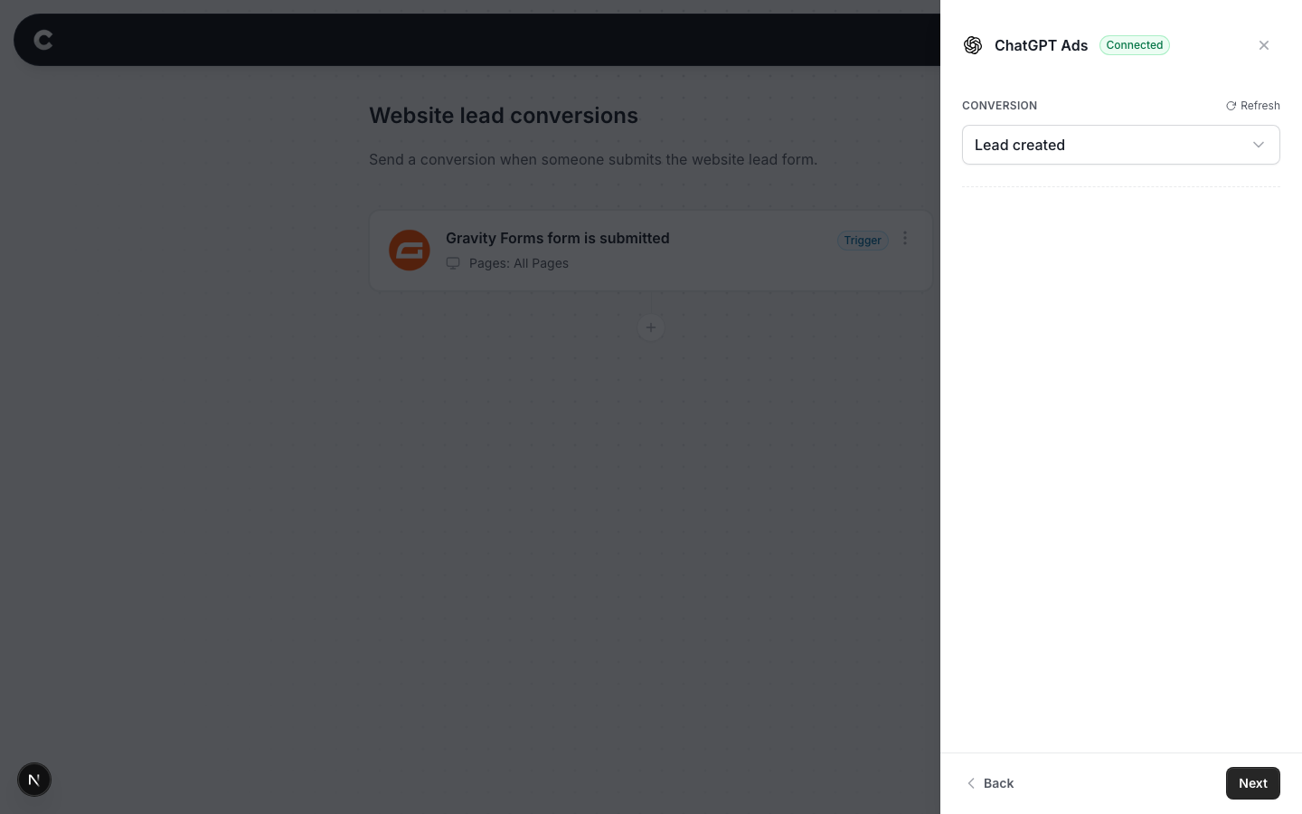 The configure screen with the conversion dropdown open
