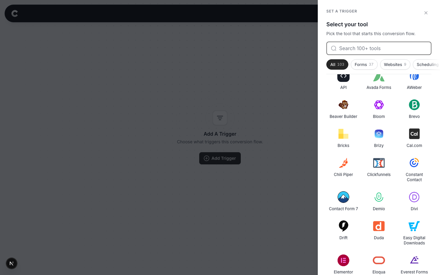 The trigger panel listing supported tools, with Clickfunnels visible