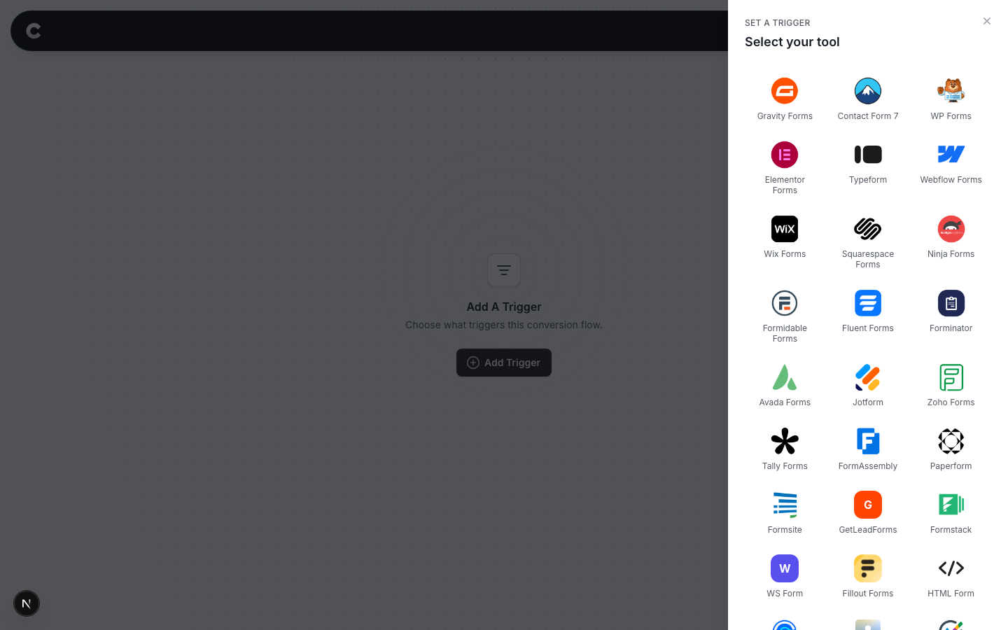 The trigger panel listing supported tools, with Elementor Forms visible