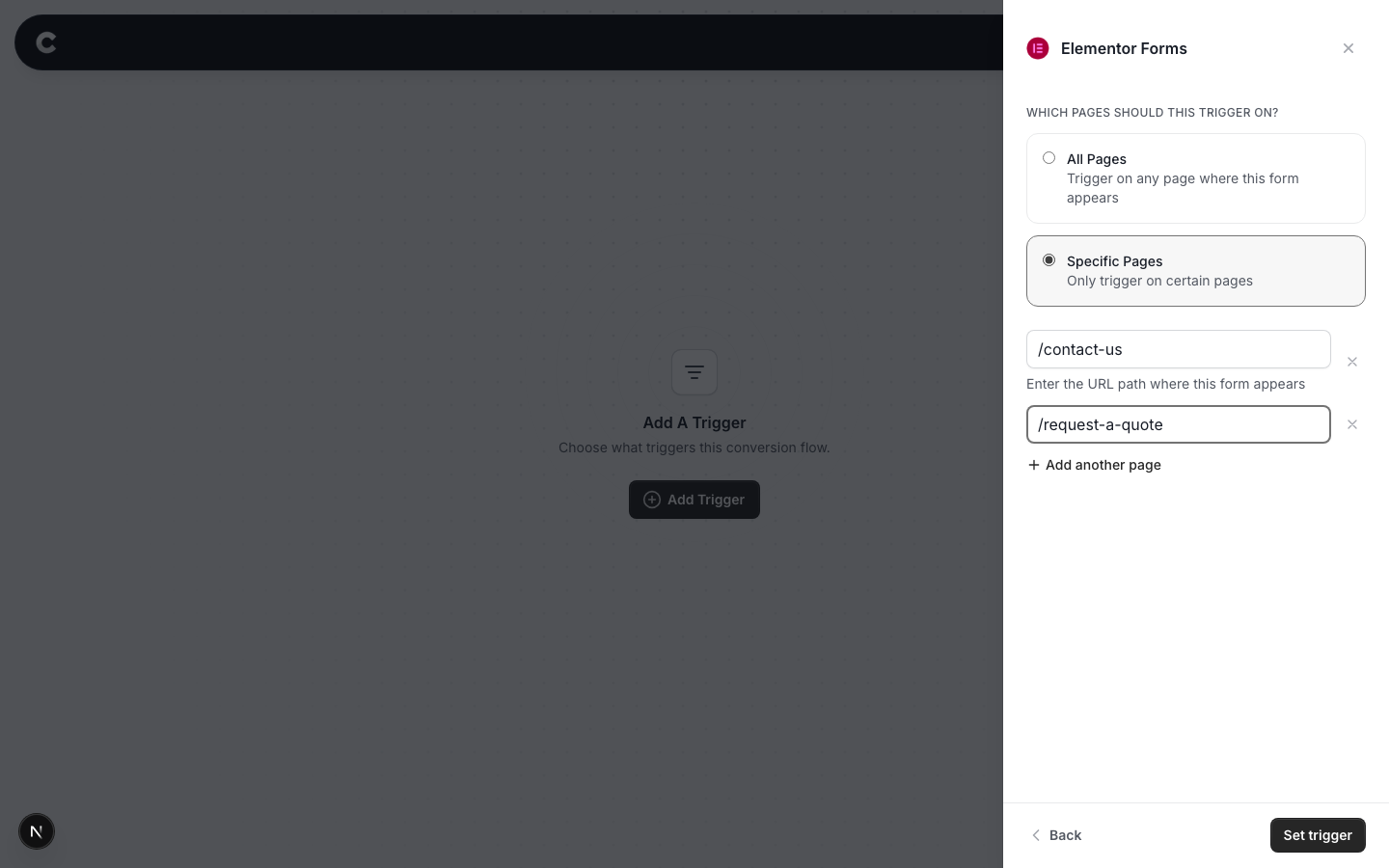 The Specific Pages option selected with two example page paths entered