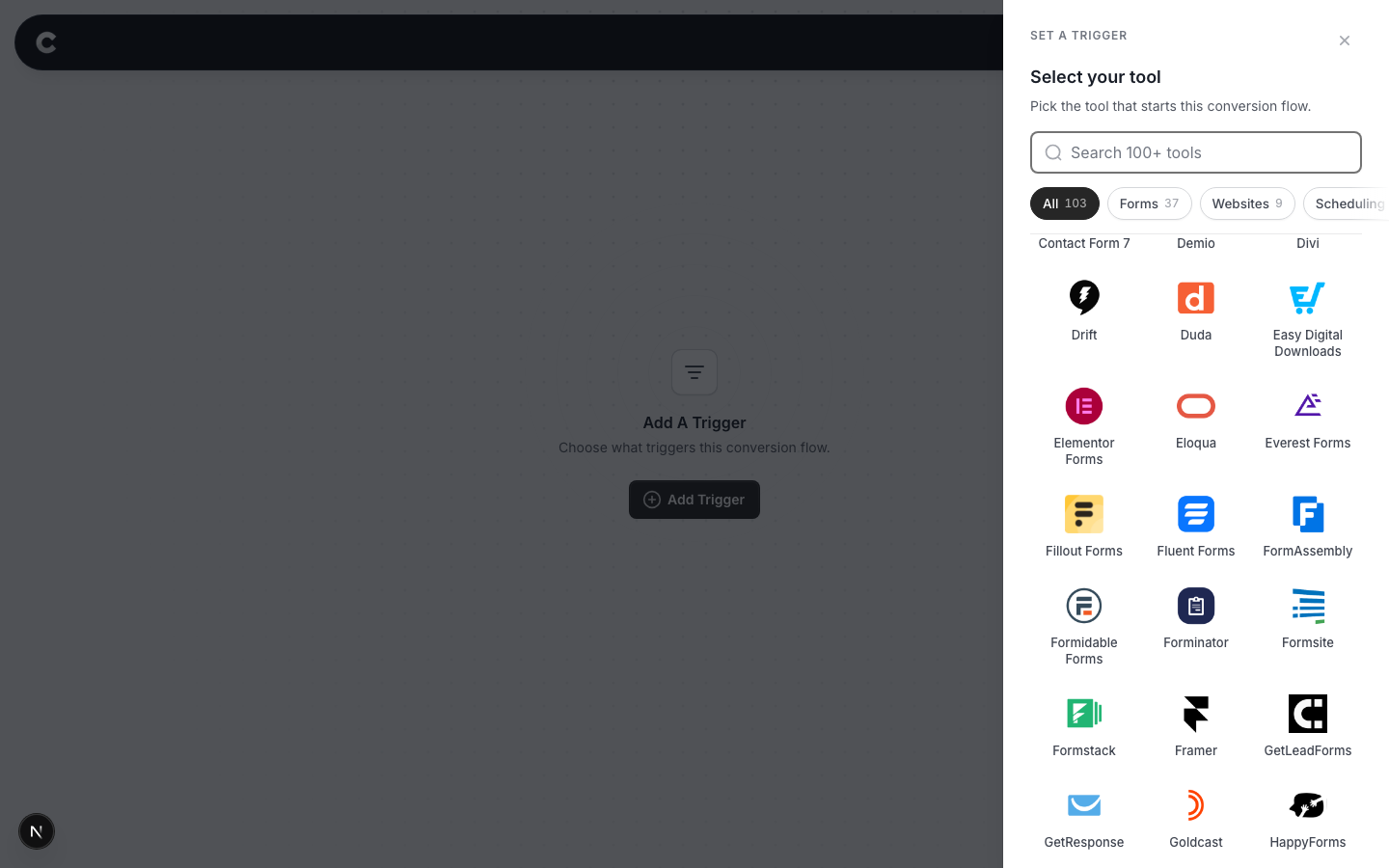 The trigger panel listing supported tools, with Fillout Forms visible