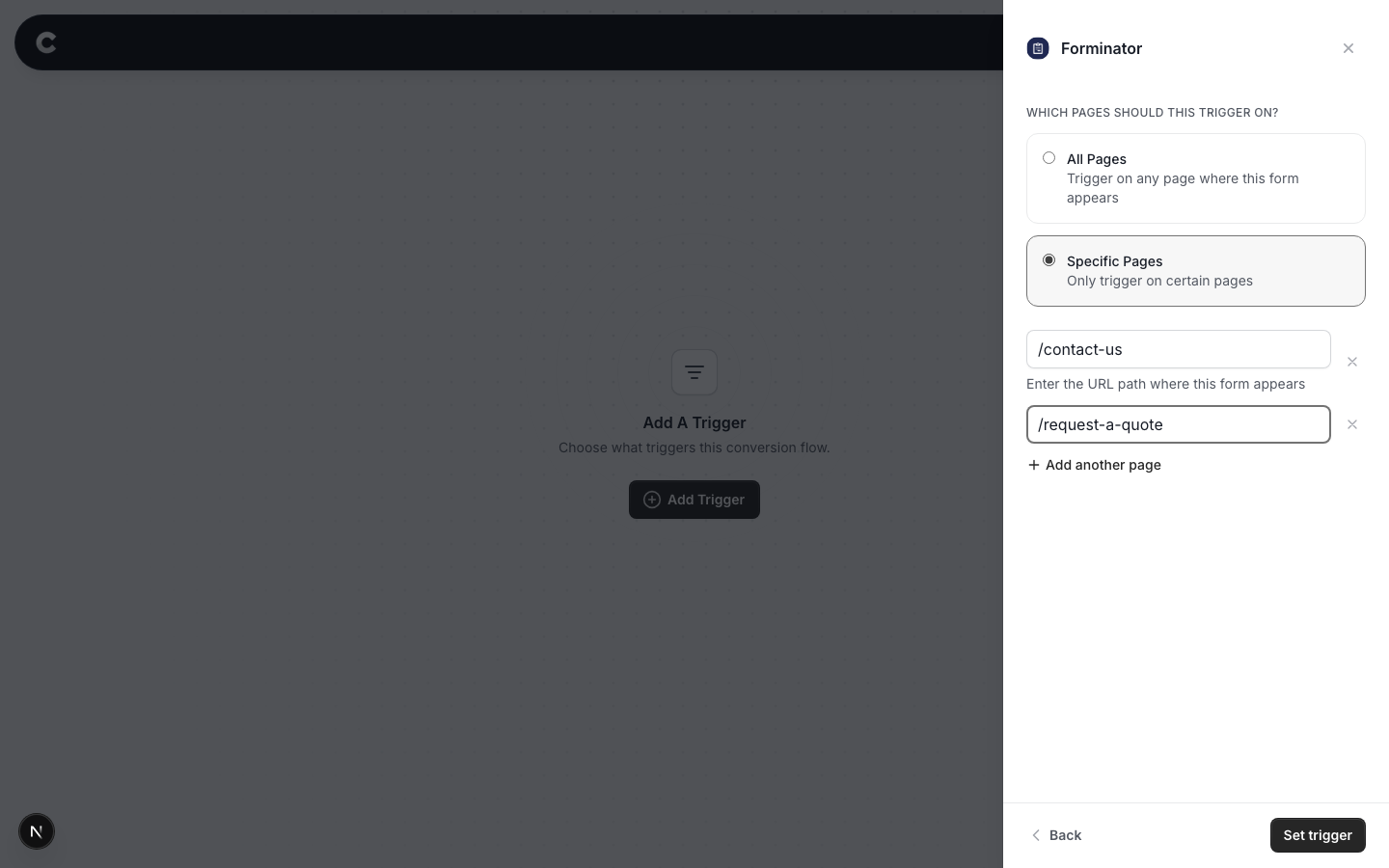 The Specific Pages option selected with two example page paths entered