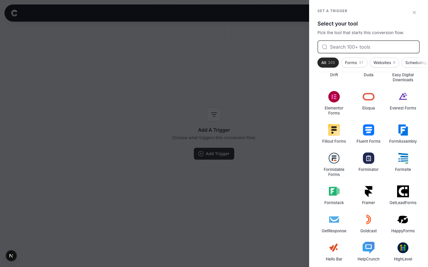 The trigger panel listing supported tools, with Formsite visible