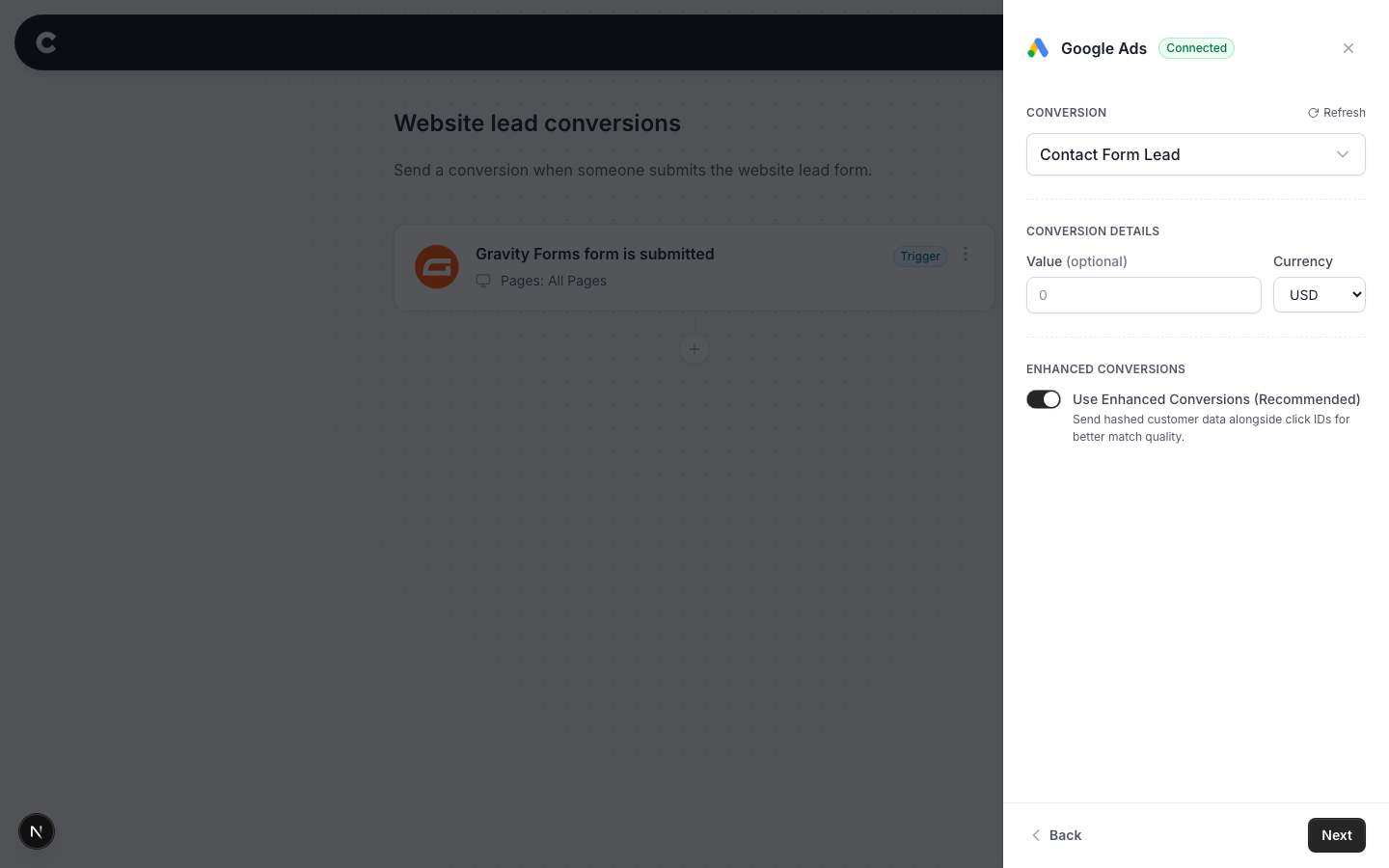 The configure screen with a conversion selected, value and currency fields, and the Enhanced Conversions toggle on