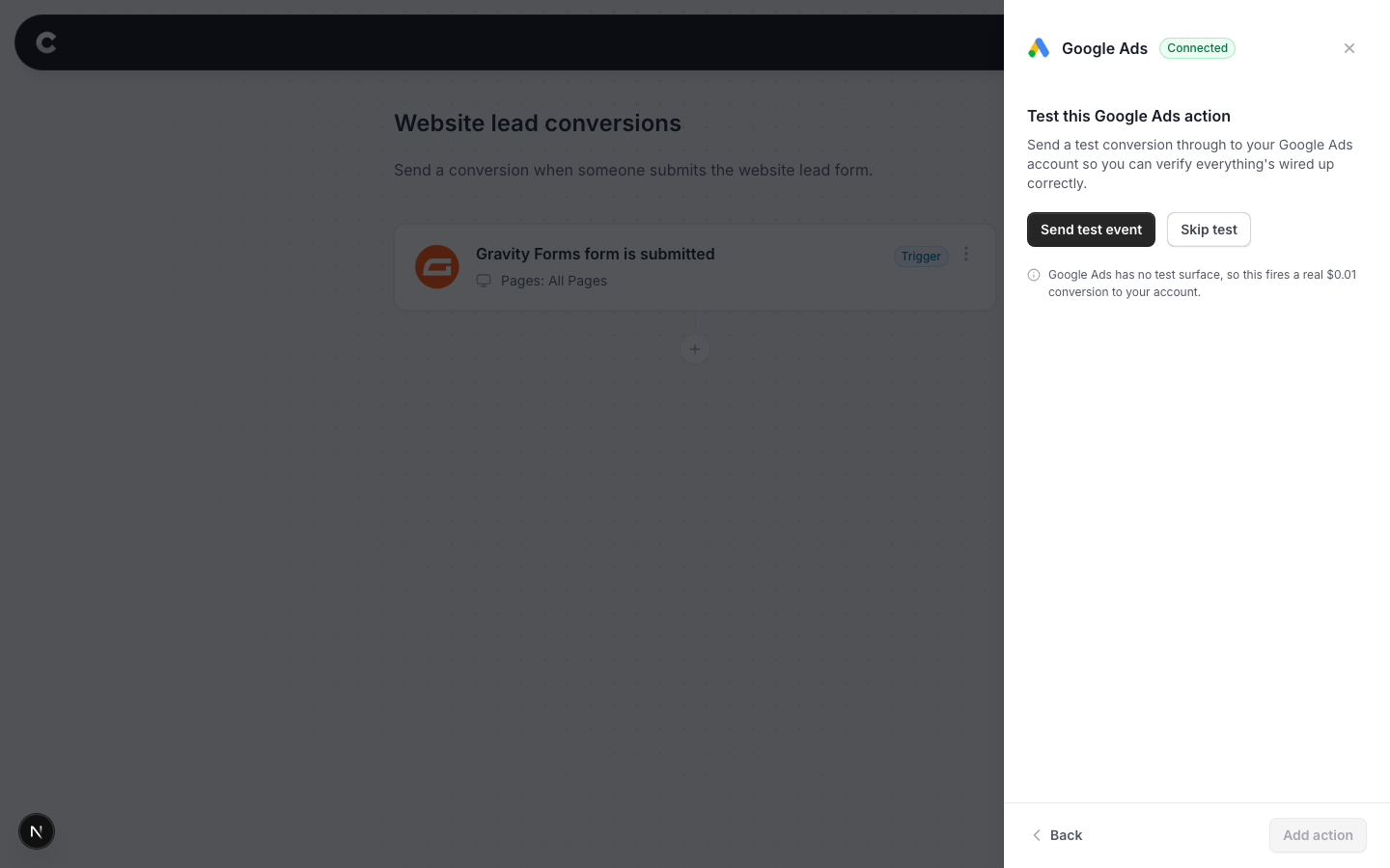 The test step with a Send test event button and a note that Google Ads has no test surface