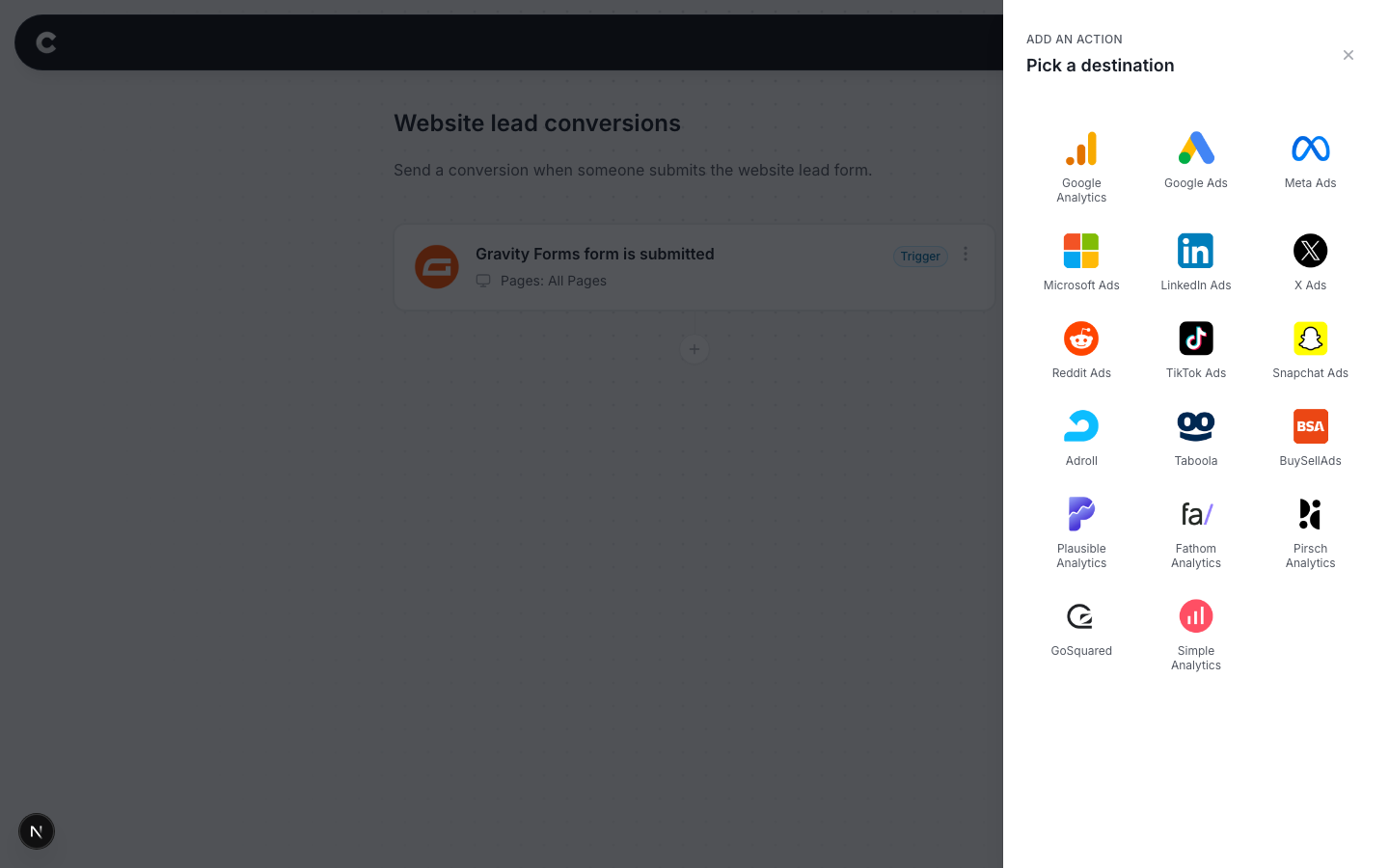 The destination panel with Google Analytics visible