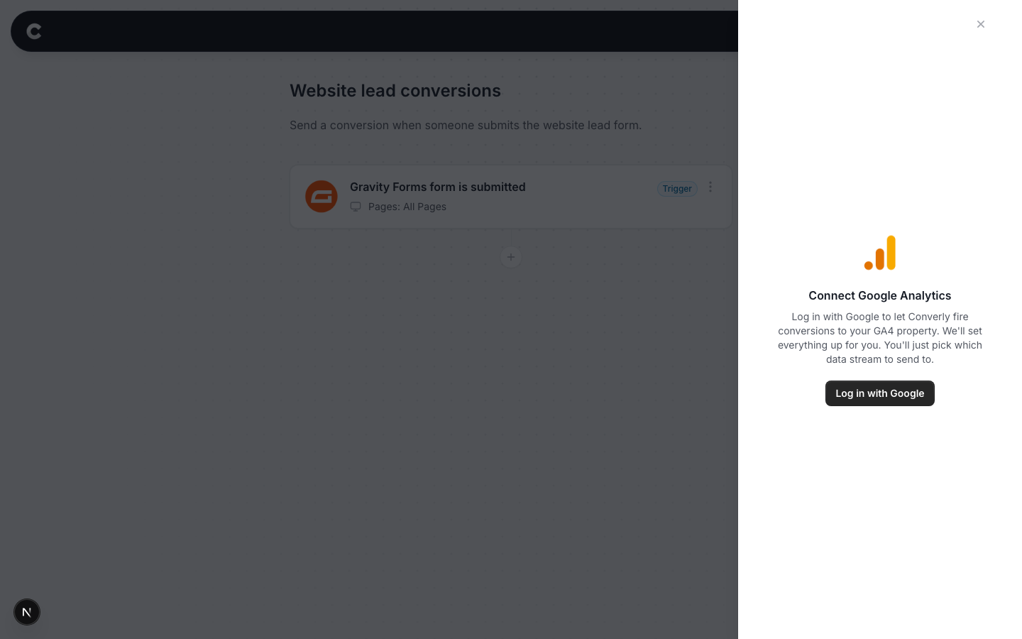 The Connect Google Analytics screen with a Log in with Google button