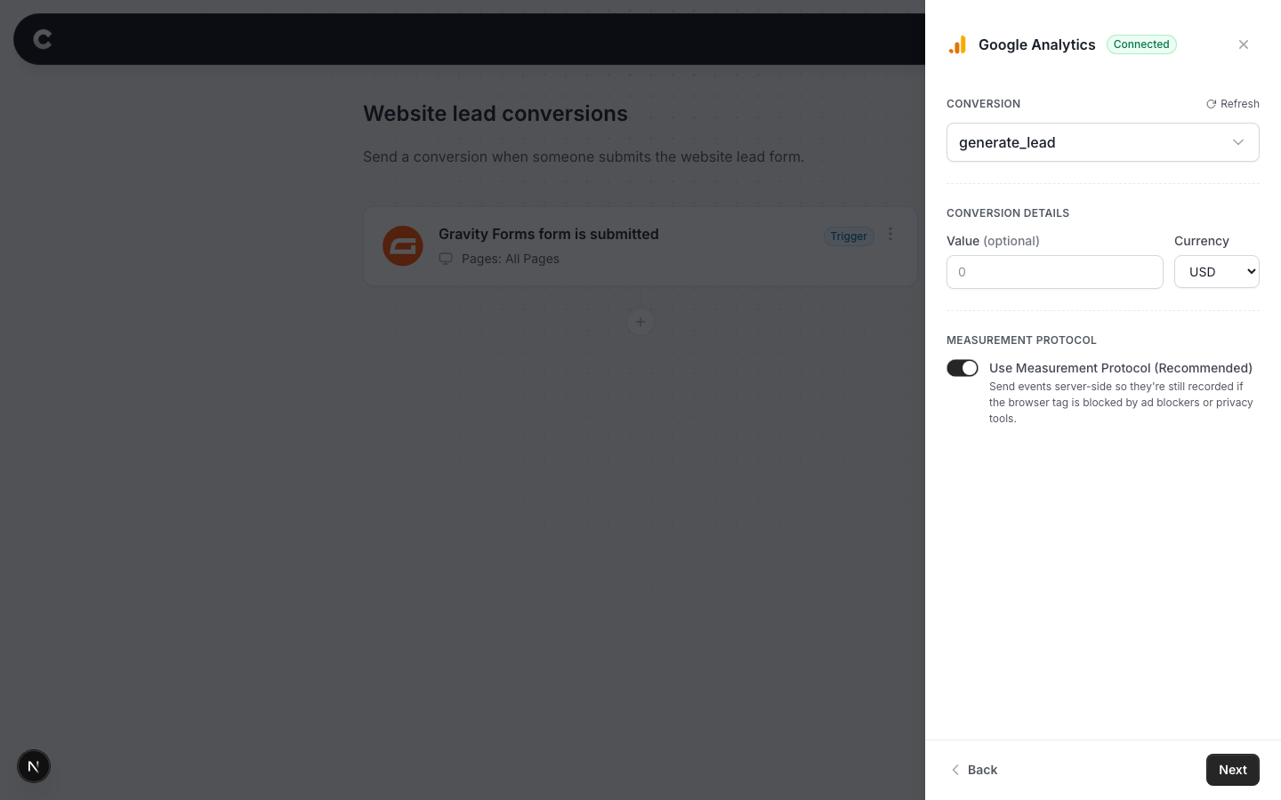 The configure screen with generate_lead selected, value and currency fields, and the Measurement Protocol toggle on