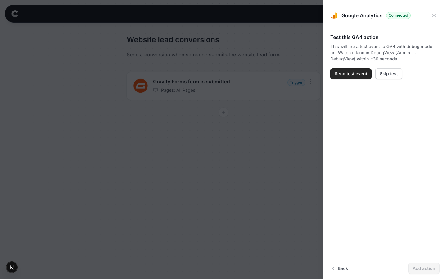 The test step explaining the event will appear in GA4 DebugView