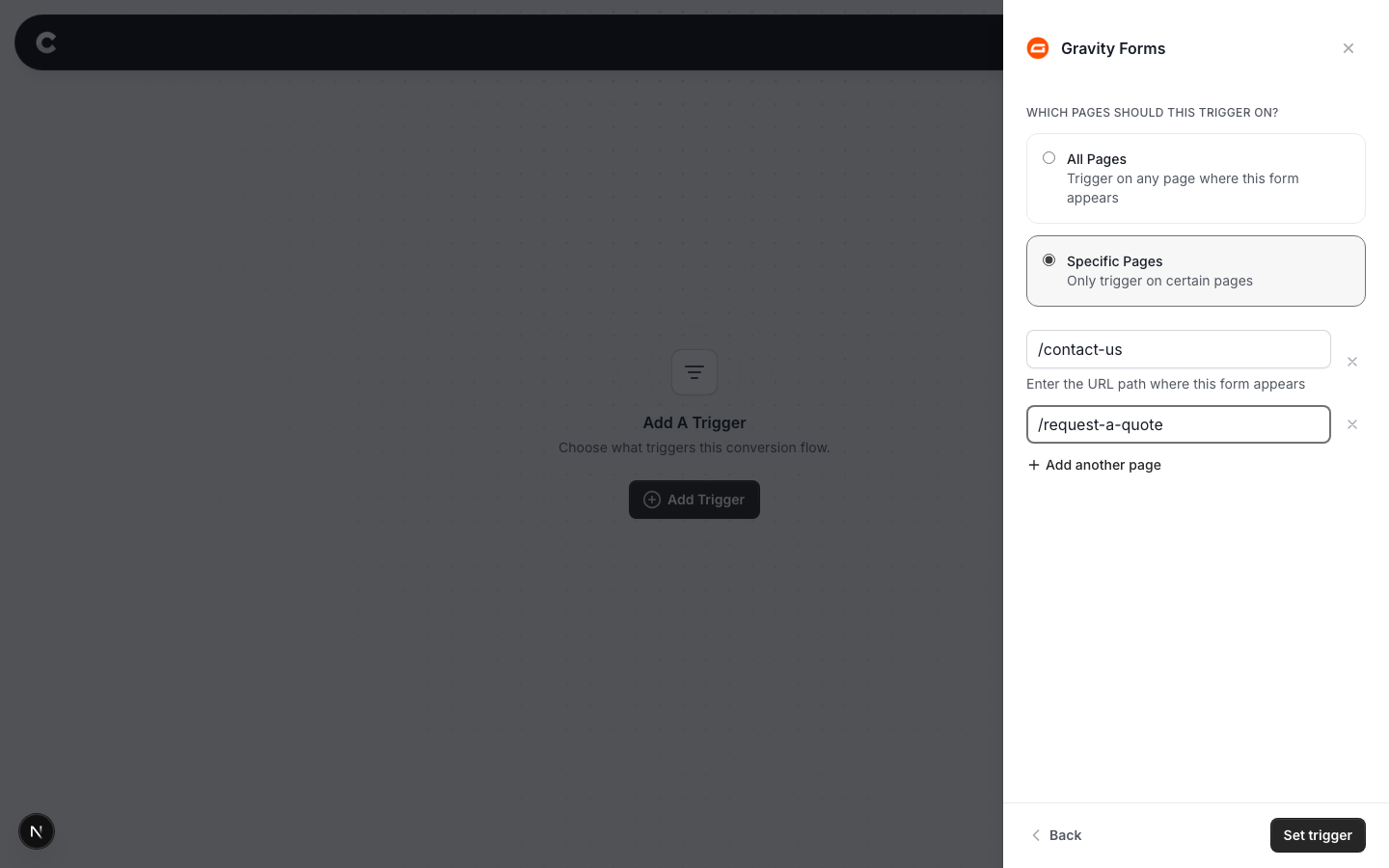 The Specific Pages option selected with two example page paths entered