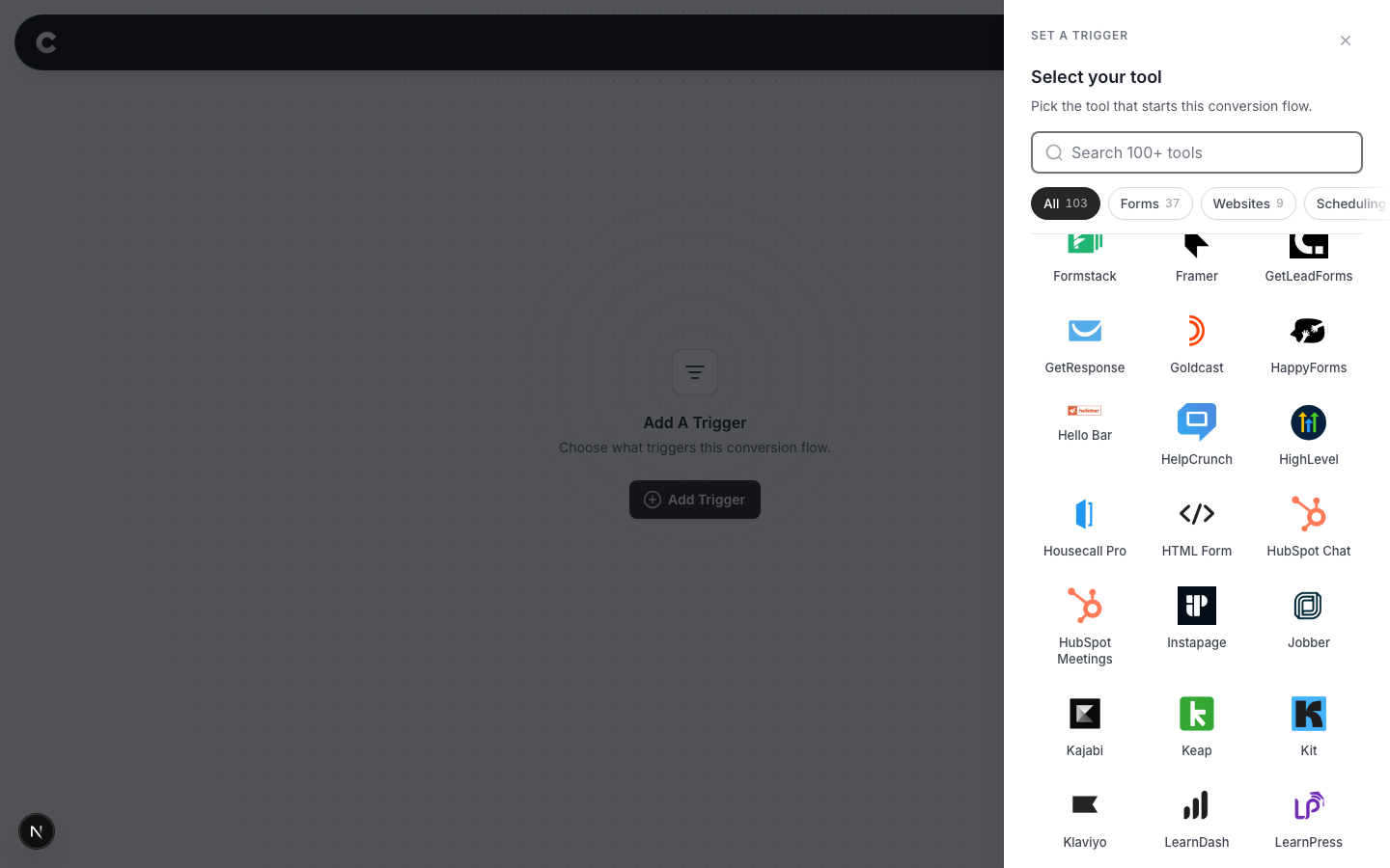 The trigger panel listing supported tools, with HTML Form visible