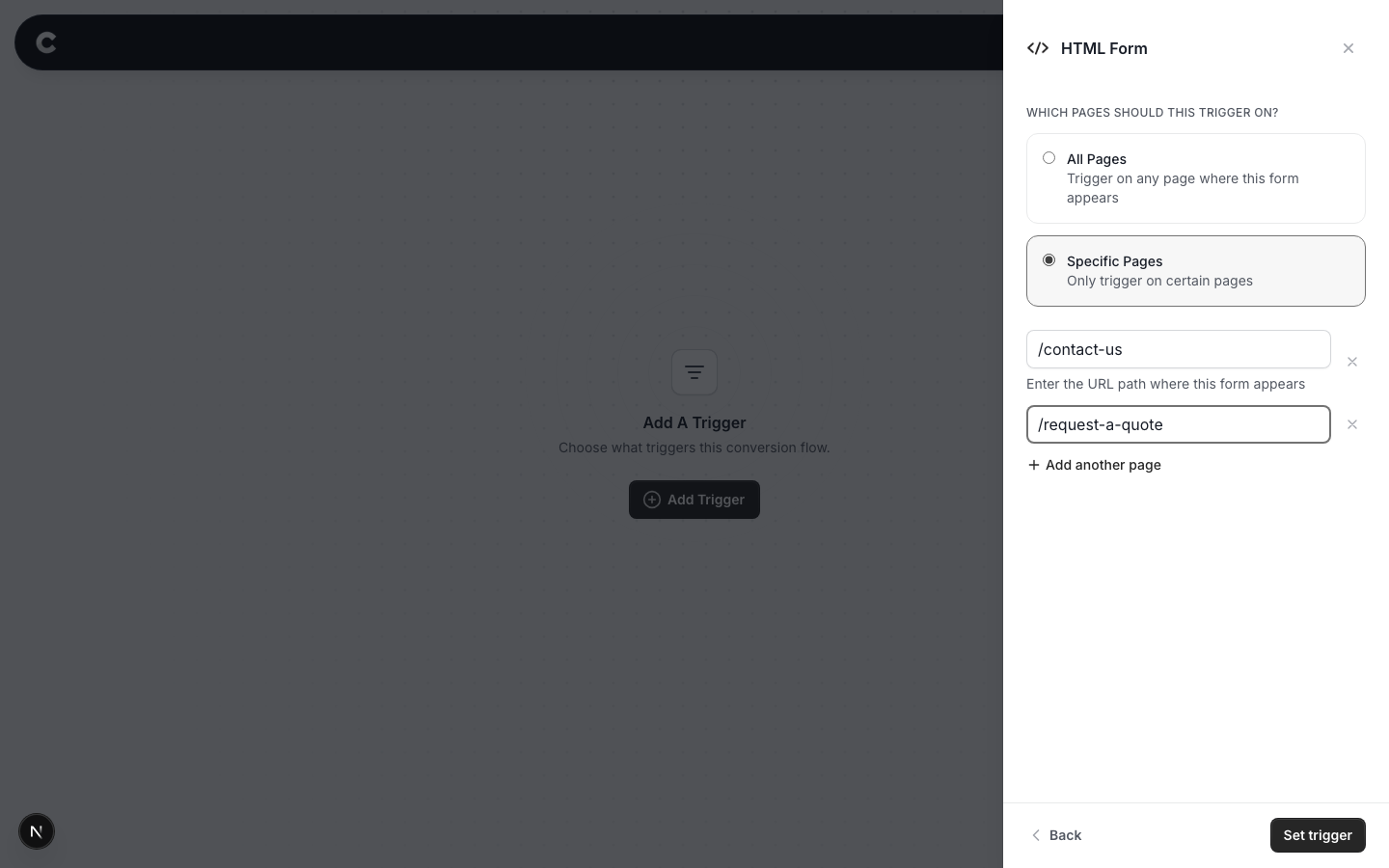 The Specific Pages option selected with two example page paths entered