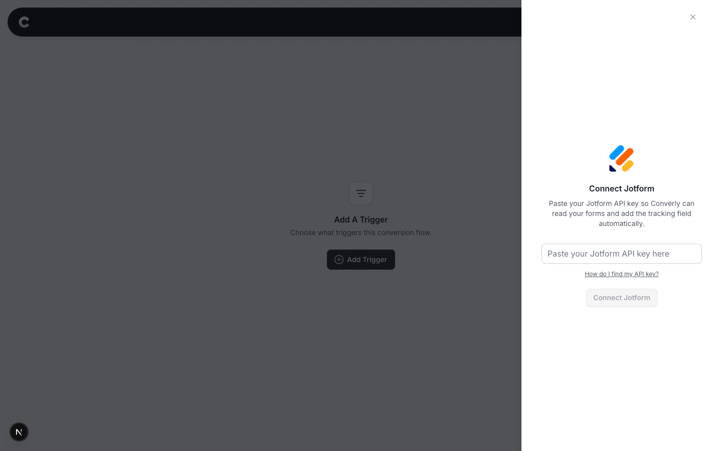 The Connect Jotform screen with a box to paste a Jotform API key
