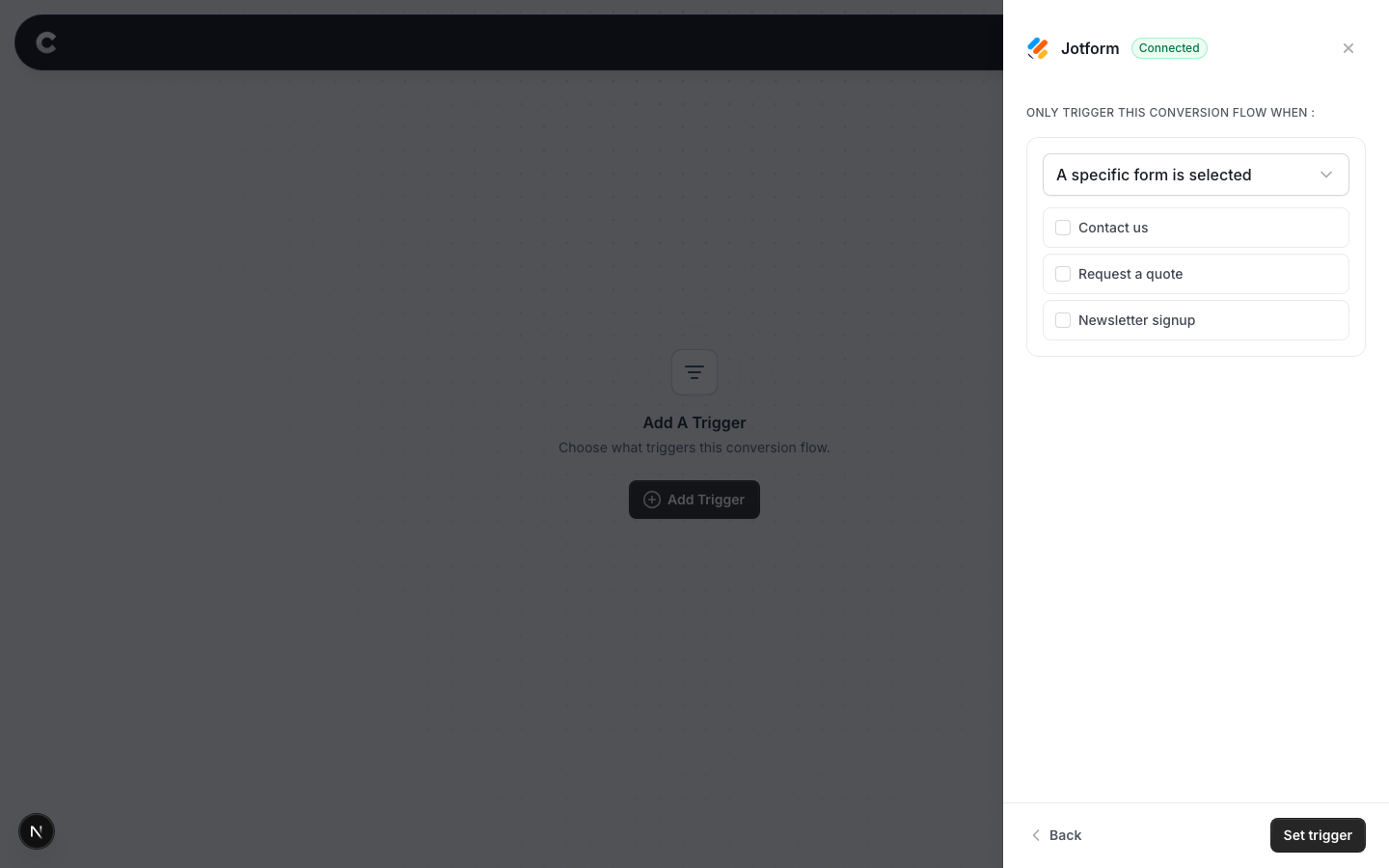 The conditions view with Jotform forms listed as checkboxes