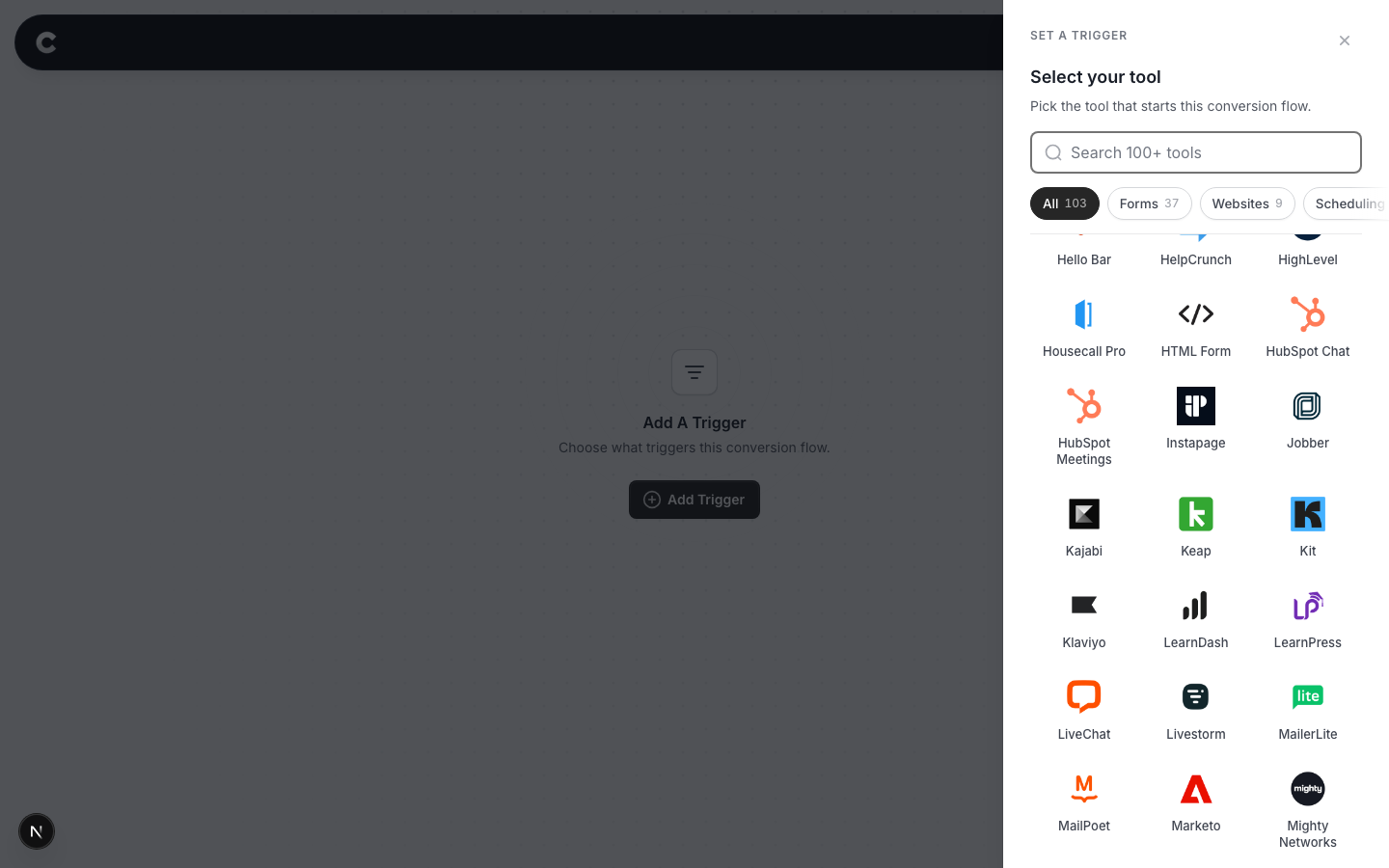The trigger panel listing supported tools, with Kit visible