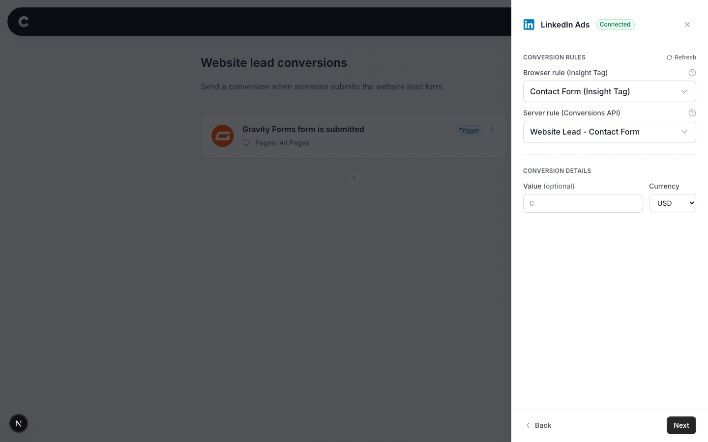 The configure screen showing the browser rule and server rule dropdowns