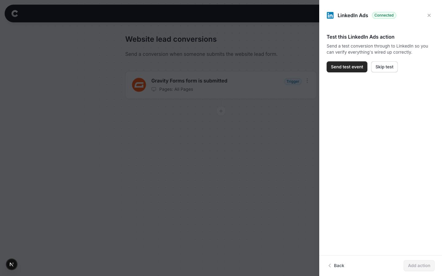 The test step in Converly with the Send test event button