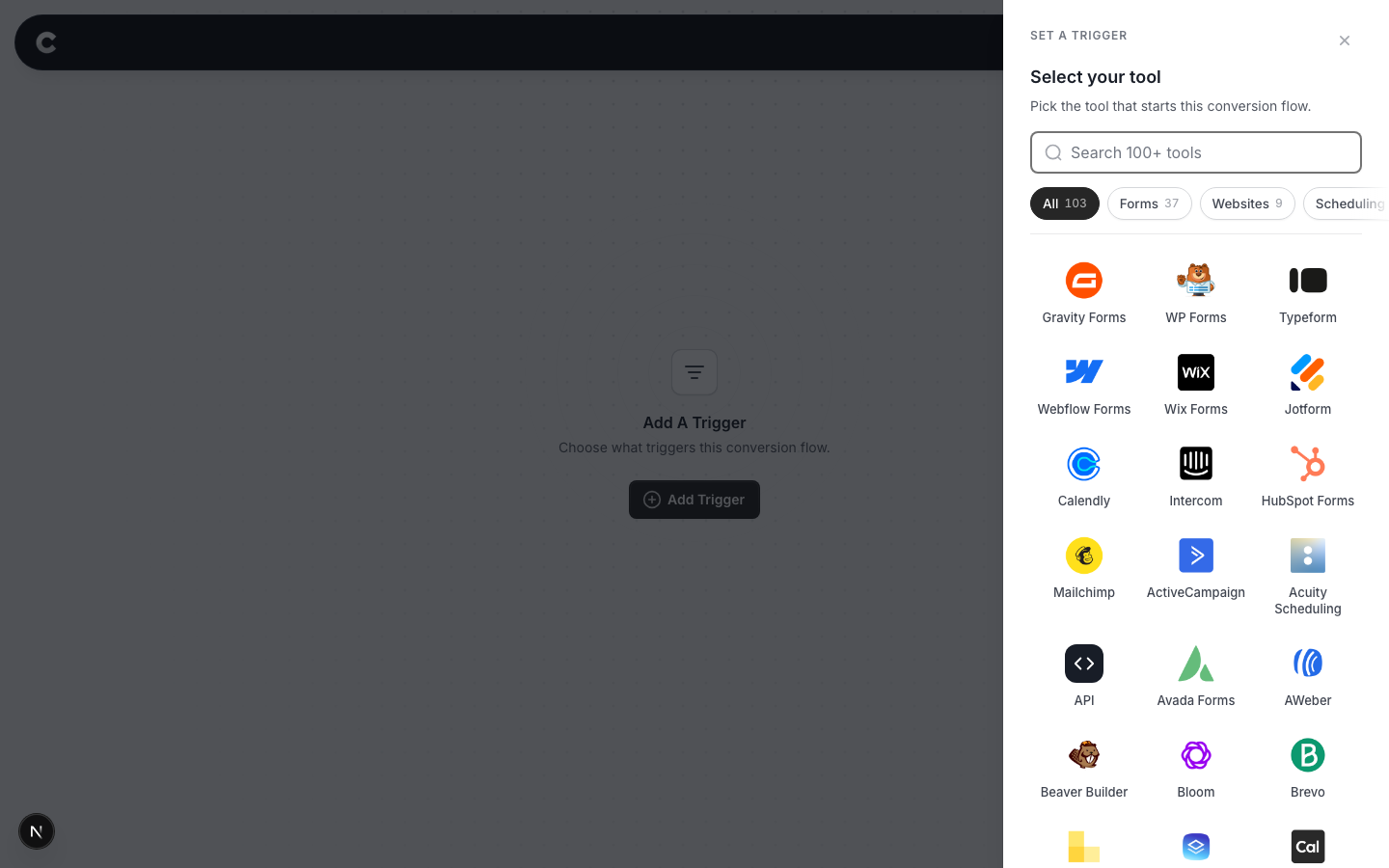 The trigger panel listing supported tools, with Mailchimp visible