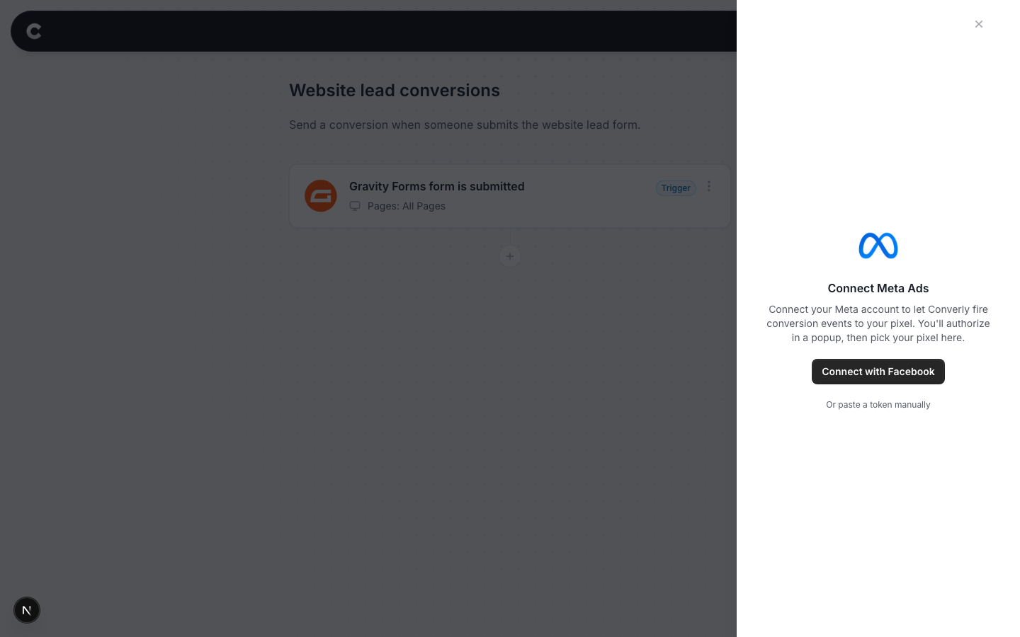 The Connect Meta Ads screen with a Connect with Facebook button