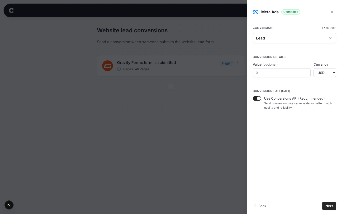 The configure screen with the Lead event selected, value and currency fields, and the Conversions API toggle on