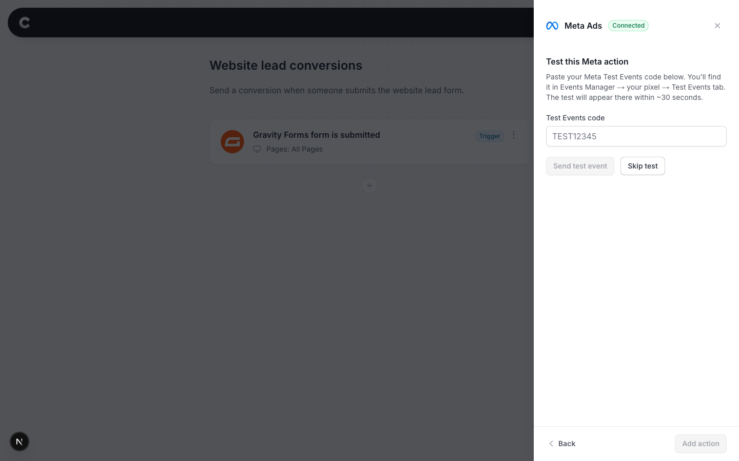 The test step with a Test Events code field and a Send test event button