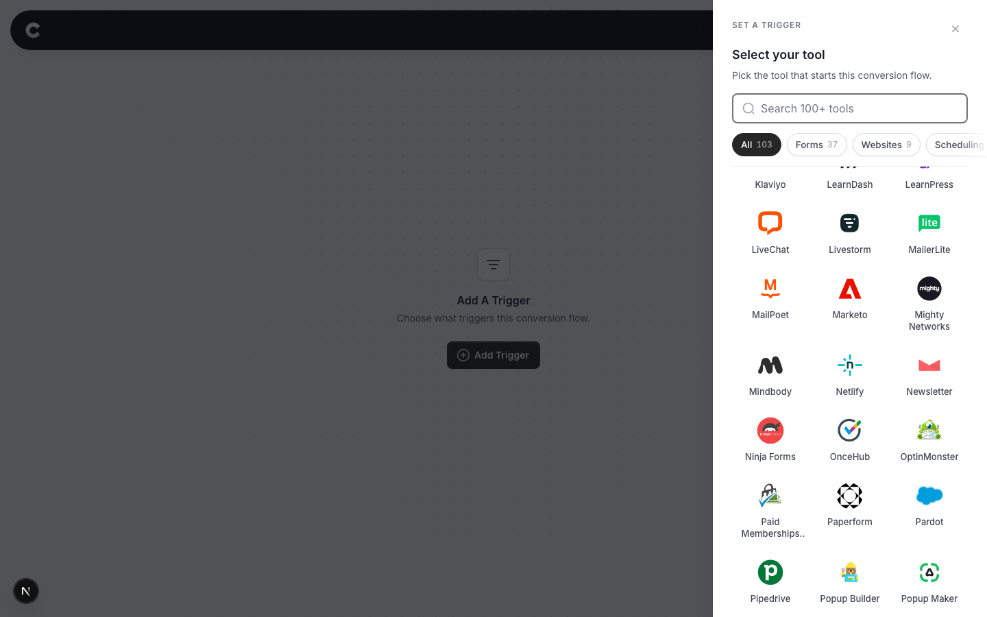 The trigger panel listing supported tools, with Netlify visible